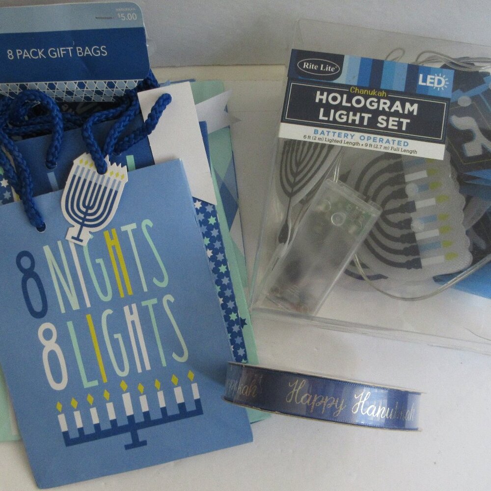 Hanukkah String Lights Chanukah Decoration LED Hologram, 8 Gift Bags, Ribbon NEW